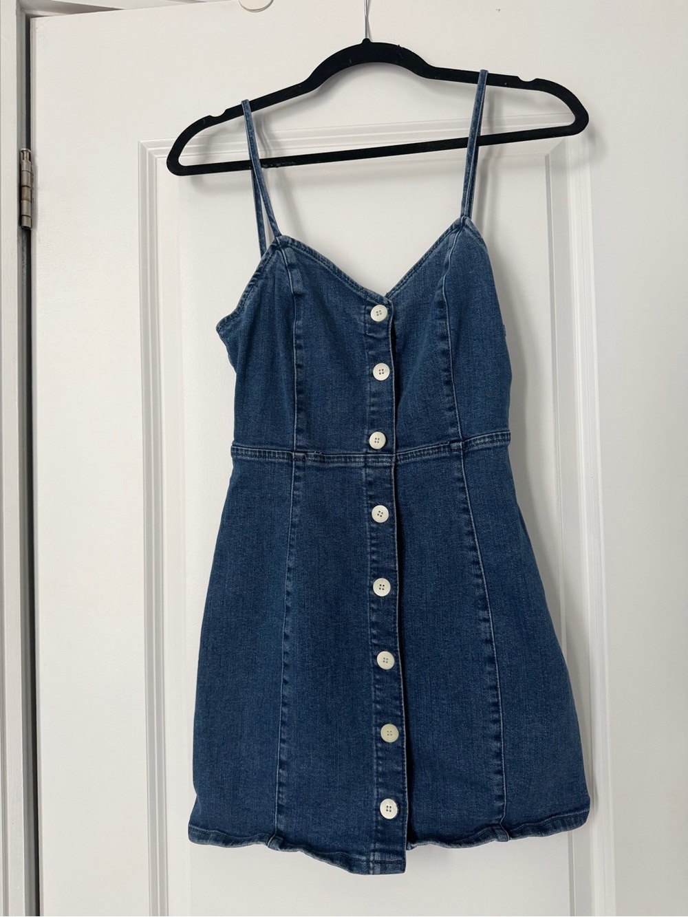 Denim Button-Front Spaghetti Strap Dress